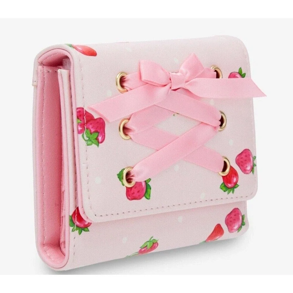 Strawberry Shortcake Strawberries, Pink‎ Bows Lace Up WALLET NWT!